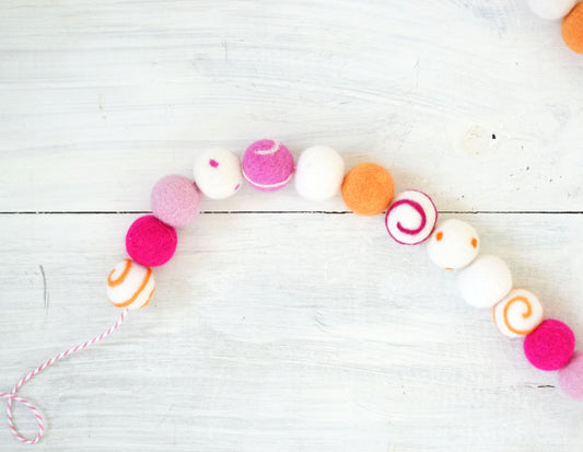 Valentines Felt Ball Garland - Pink, Orange & White