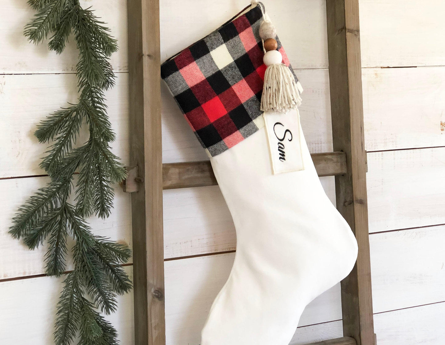 Personalized Christmas Stocking - Red & Black Buffalo Plaid and Velvet