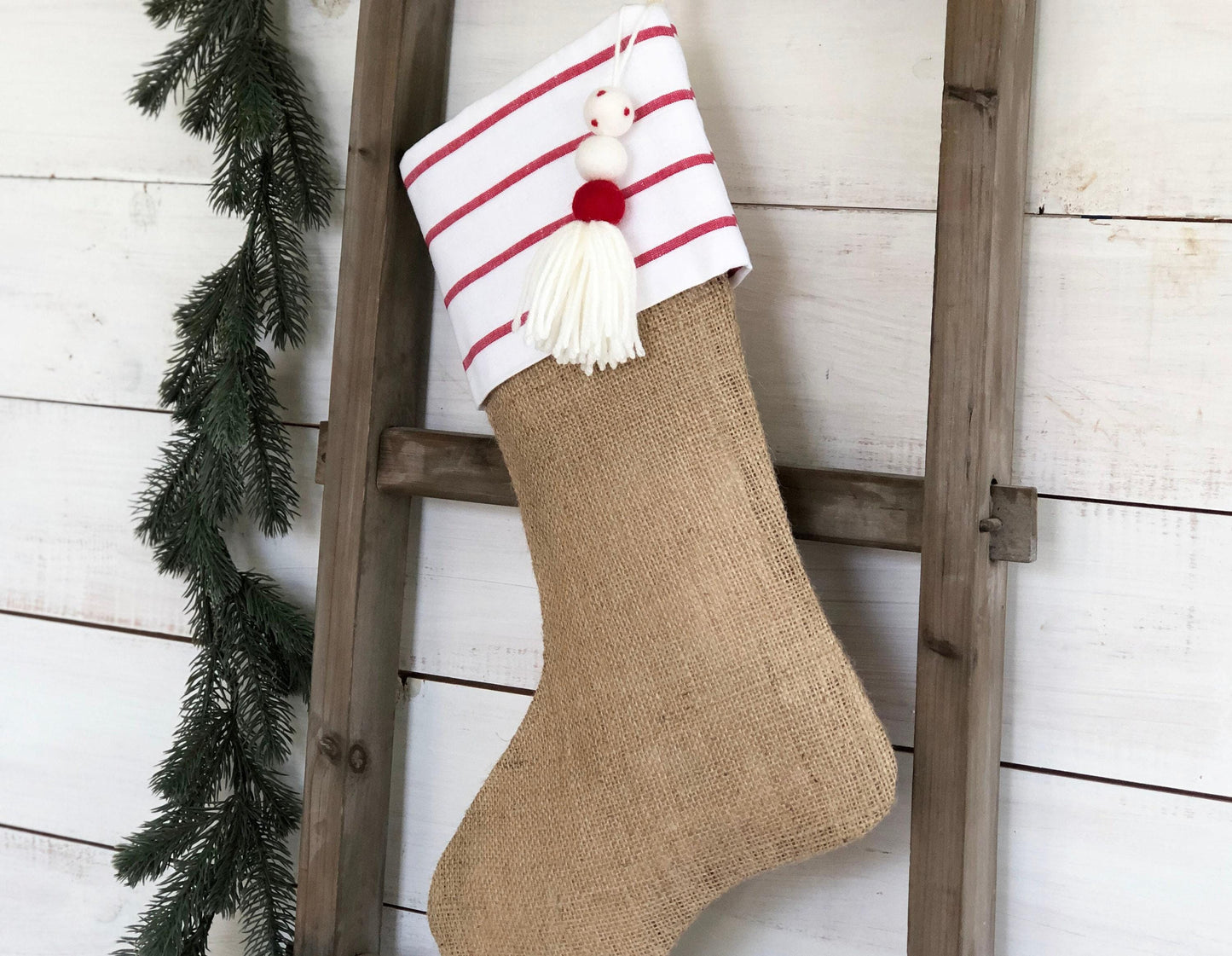Personalized Christmas Stocking - Red & White Stripe with Burlap