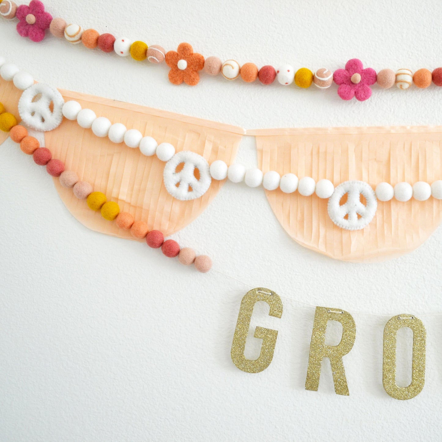 Felt Ball Garland - Choice of Flower Felt Ball Garland, White Peace Garland or Gold Glitter GROOVY Banner