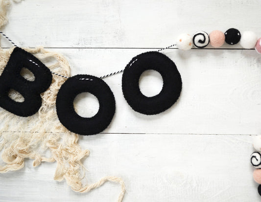 Halloween Felt Ball Garland - BOO Black