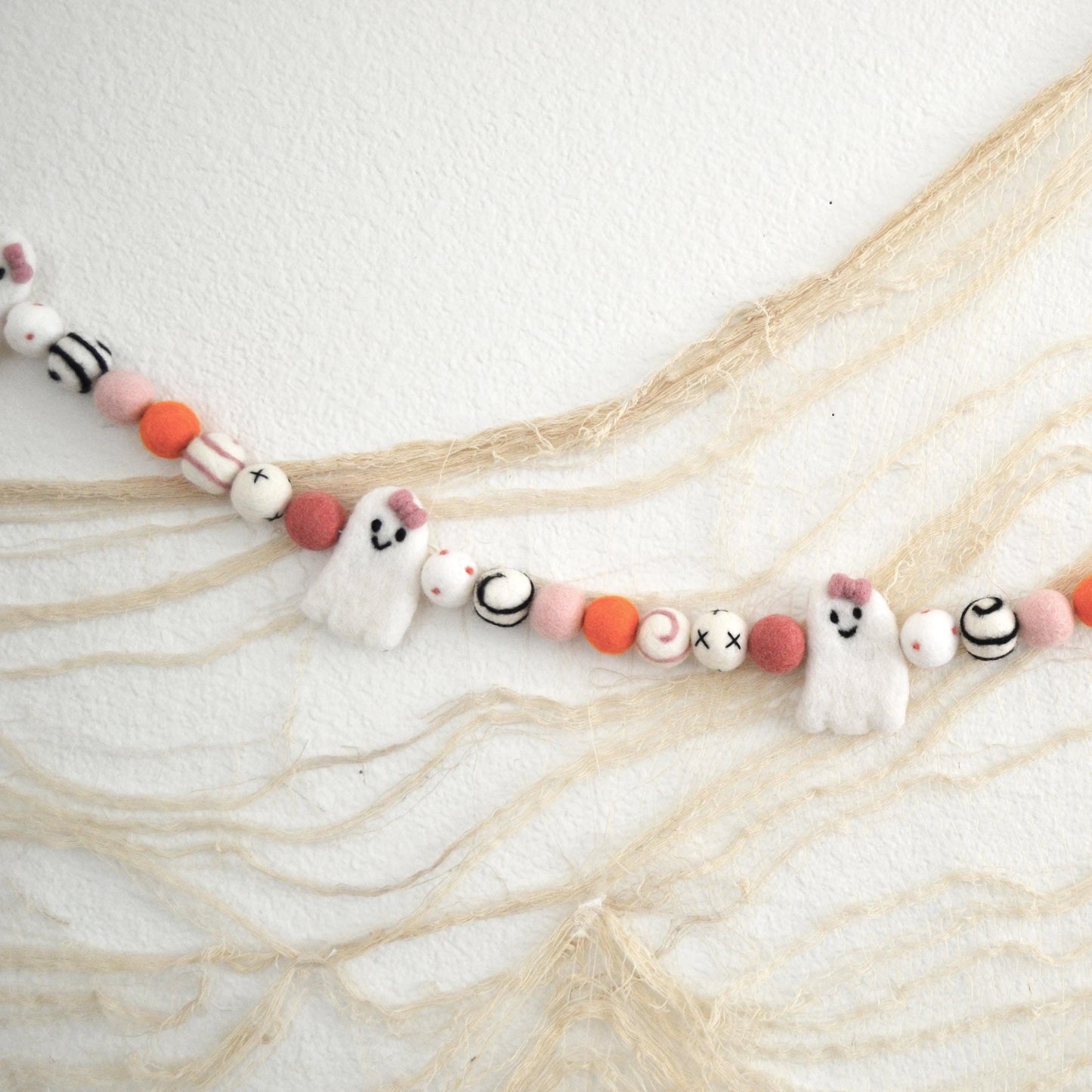 Halloween Felt Ball Garland - White Ghosts