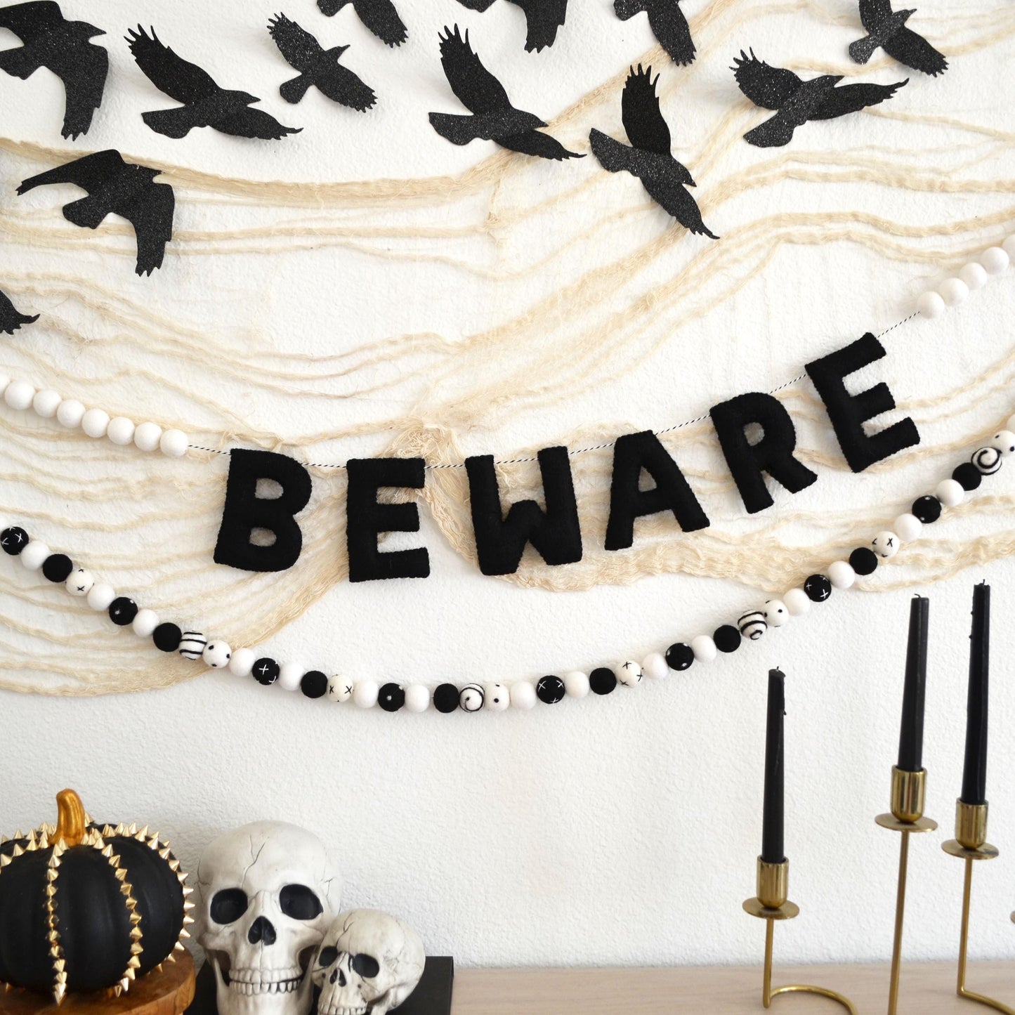 Halloween Felt Ball Garland- Choice of BEWARE Banner or Black and White Felt Ball Garland