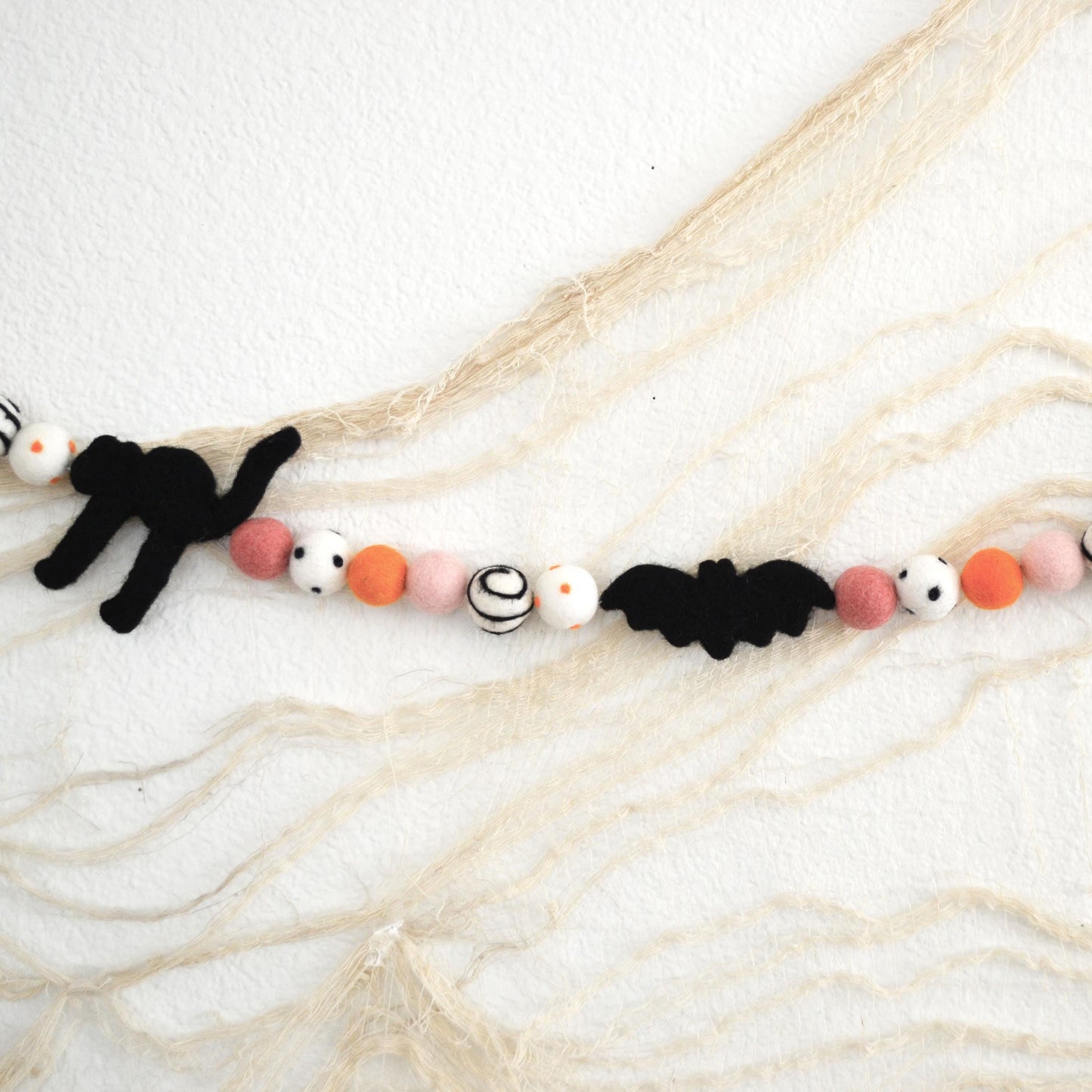 Halloween Felt Ball Garland - Black Hats, Cats & Bats
