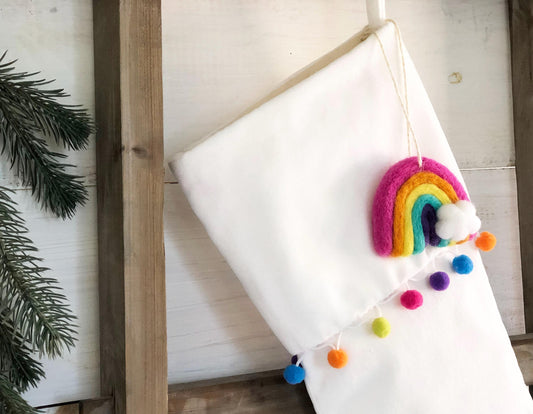 Boho Christmas Stocking - Handmade Velvet Personalized Stocking with Pom Pom Trim