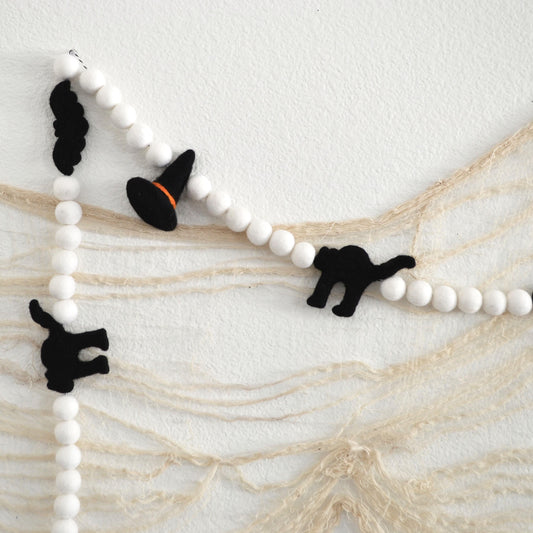 Halloween Felt Ball Garland - Black Hats, Cats & Bats