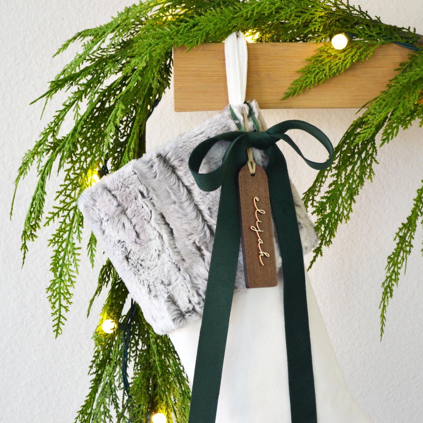 Gray Faux Fur Stocking - Personalized Rustic Holiday Stocking (Name tag NOT Included)