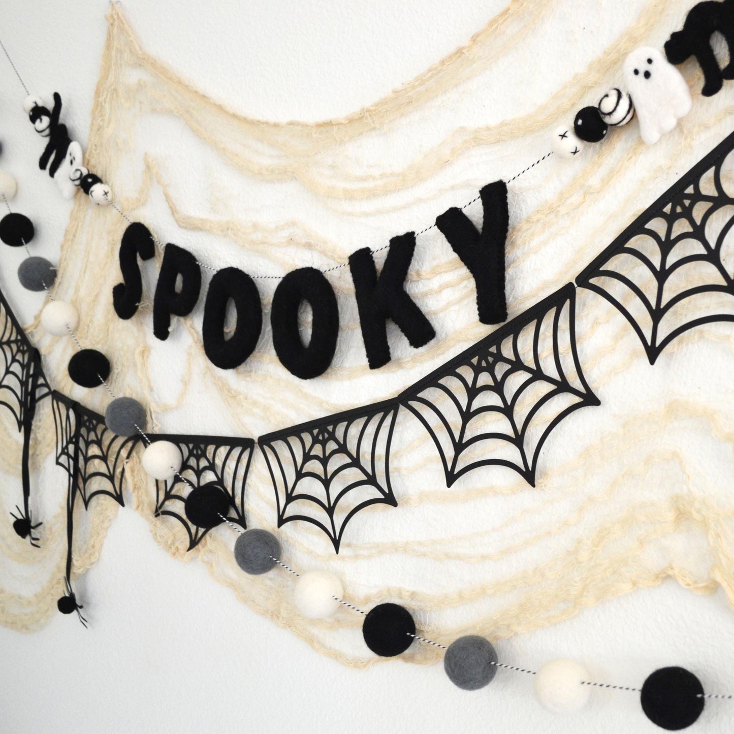 Halloween Felt Ball Garland - Choice of SPOOKY Banner, Black Cardstock Webs or 4cm Black, Gray and White Felt Ball Garland