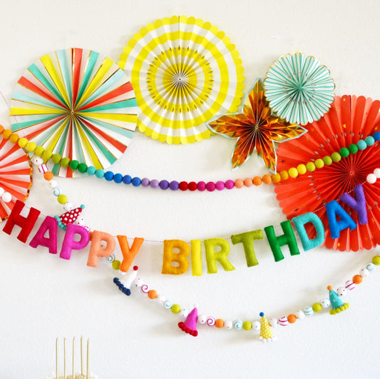 Rainbow Ombré Felt Ball Garland or Happy Birthday Banner or Party Hat Felt Garland