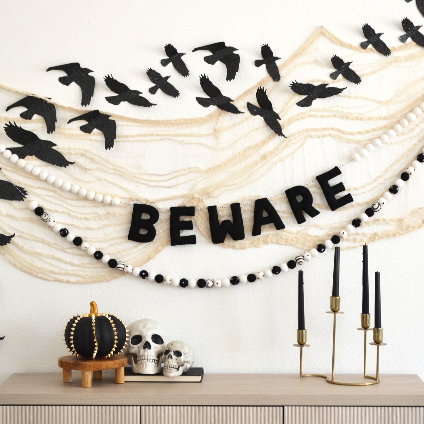Halloween Felt Ball Garland- BEWARE Black