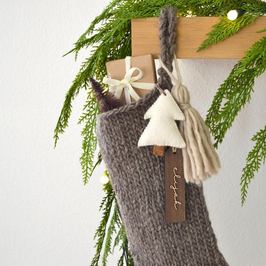 Chunky Wool Hand Knit Christmas Stocking with Felt Tree & Tassel (Name tag NOT included)