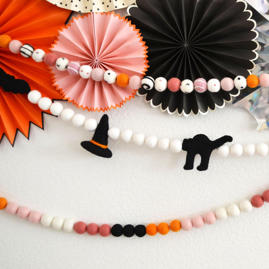 Halloween Felt Garland - Choice of Colorful Felt Ball Garland or Hat, Cat and Bat Garland or Pink, Orange, White & Black Ombre Felt Ball Garland
