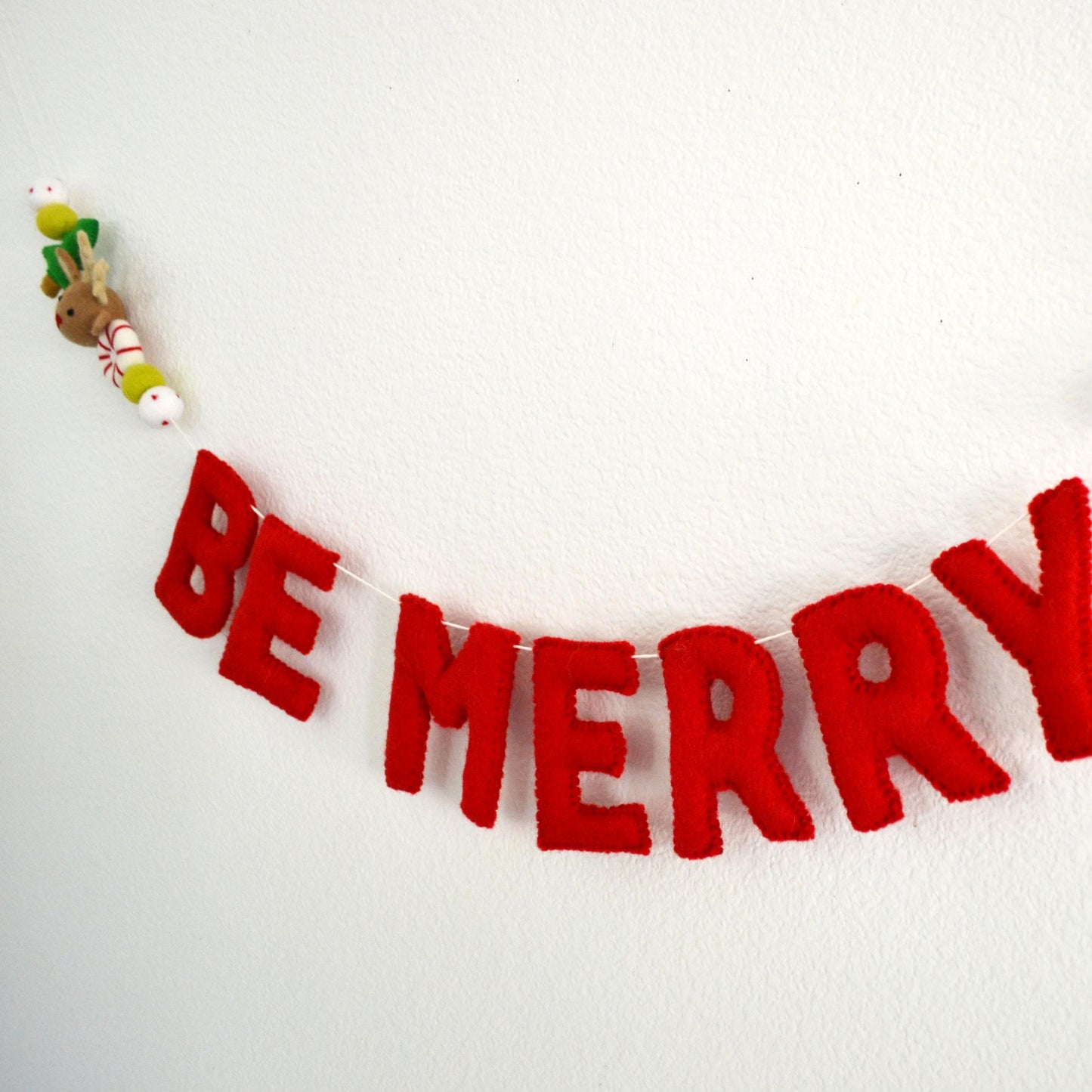 BE MERRY Felt Ball Garland with Red Letters, Peppermint, Reindeer, Christmas Tree and Colorful Wool Felt Balls