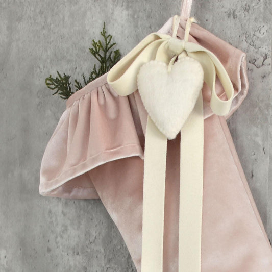 Blush Velvet Christmas Stocking with Ruffle Cuff, Ivory Velvet Bow & Felt Heart