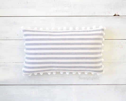 Pom Pom Pillow Cover - 12" x 20"- Striped Pom Pom Pillow Cover, Decorative Pillow, Striped Throw Pillow, Pillow with Stripes