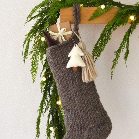 Chunky Wool Hand Knit Christmas Stocking with Felt Tree and Tassel