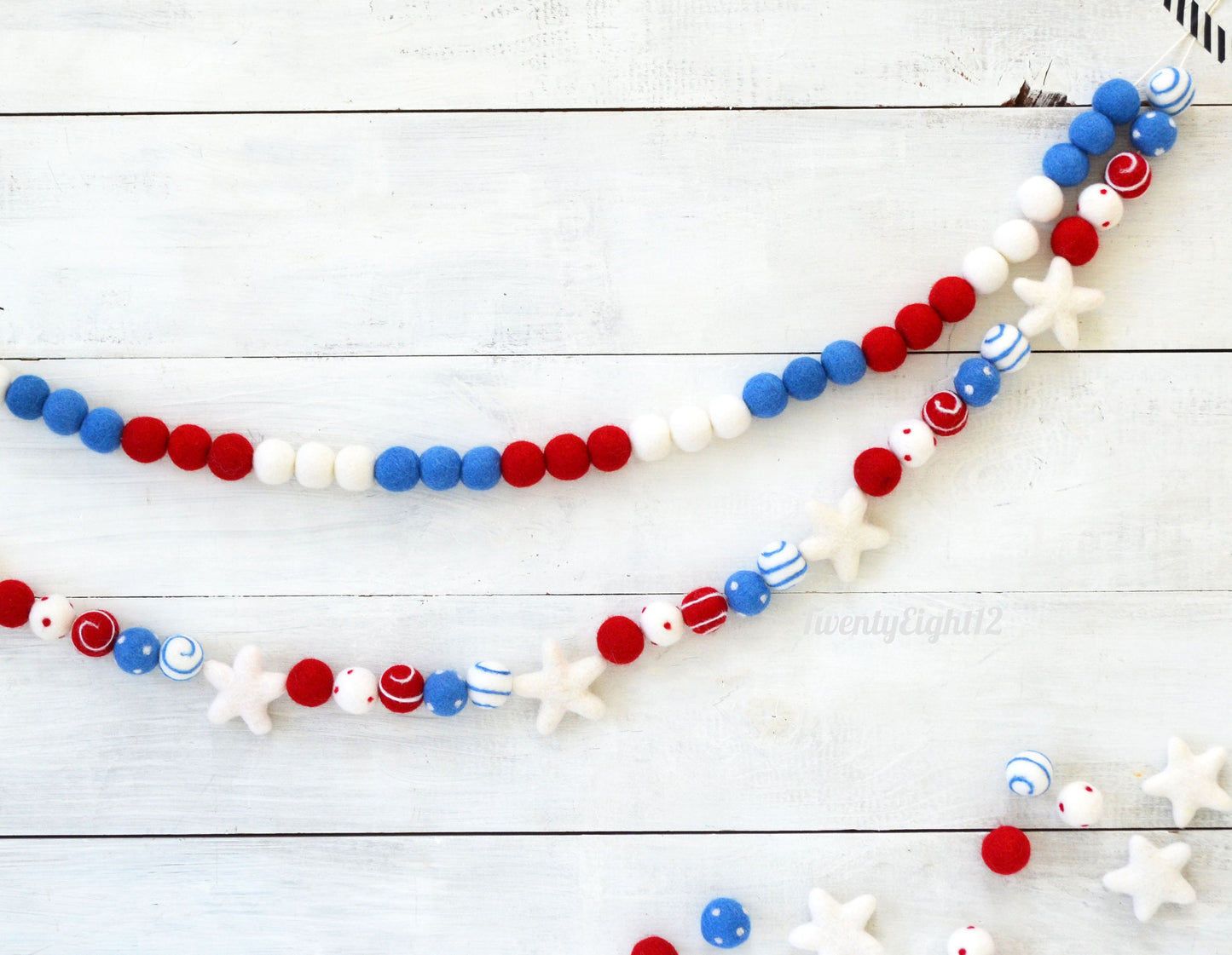 4th of July Felt Ball Garland - Choice of Red, White & Blue Ombre Garland or Star Garland