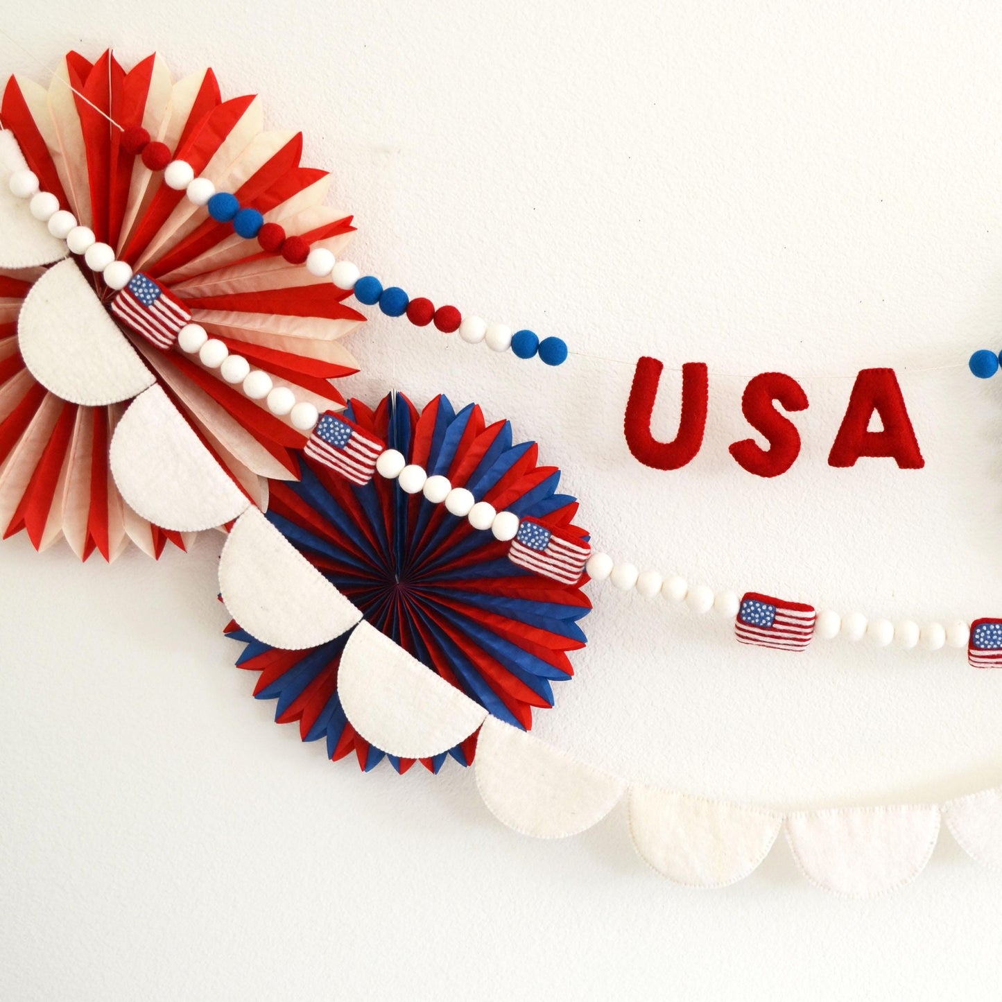 4th of July Felt Ball Garland - Choice of USA Garland, Flag Garland or White Scallops