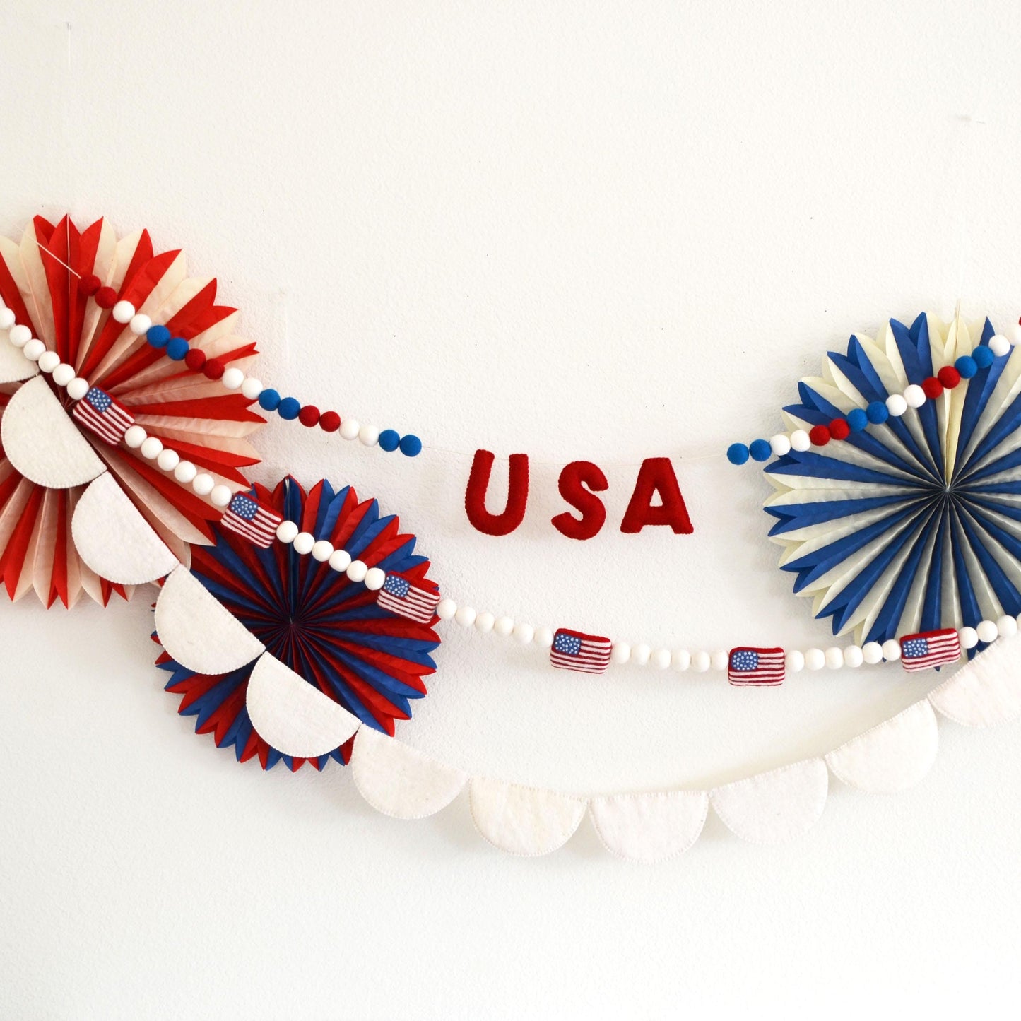 4th of July Felt Ball Garland - Choice of USA Garland, Flag Garland or White Scallops