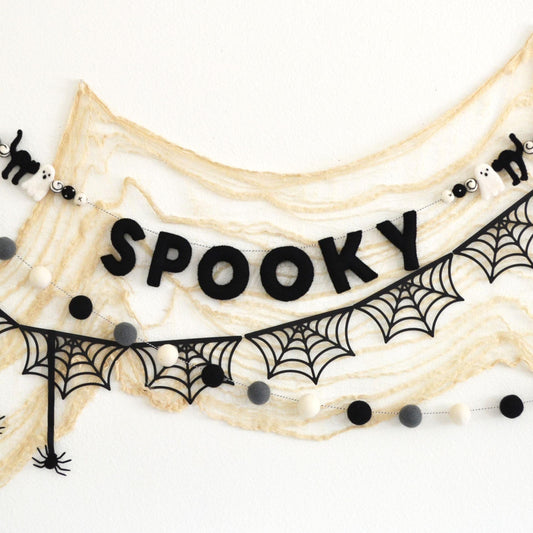 Halloween Felt Ball Garland - Choice of SPOOKY Banner, Black Cardstock Webs or 4cm Black, Gray and White Felt Ball Garland