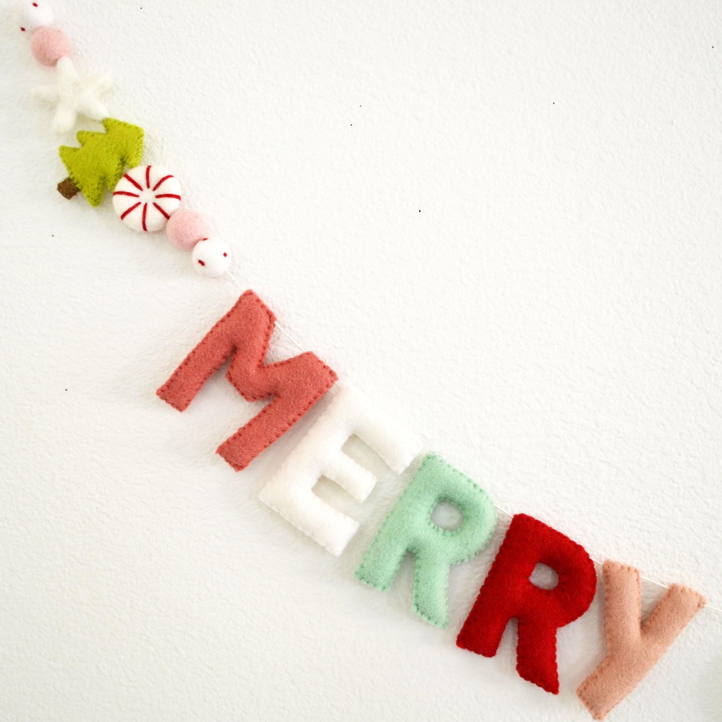 Merry Christmas Felt Banner with Wool Christmas Tree, Peppermint and Star