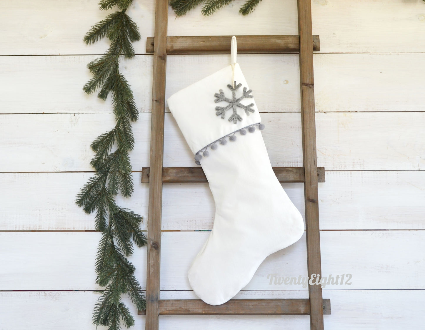 Personalized Christmas Stocking – Luxury Velvet Stocking with Gray Pom Pom Trim