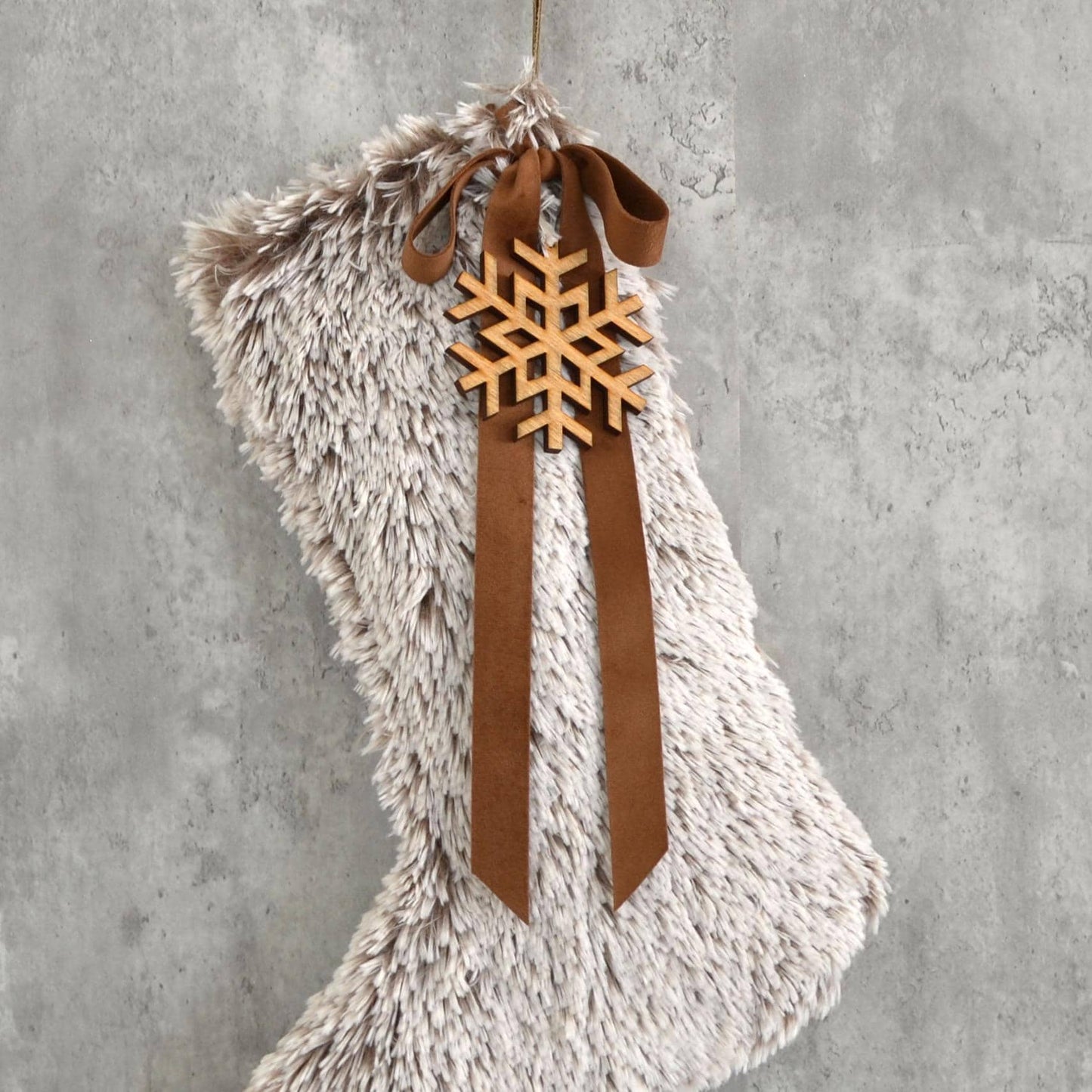Shaggy Walnut Faux Fur Christmas Stocking with Fur Pom Poms and Wood Snowflake