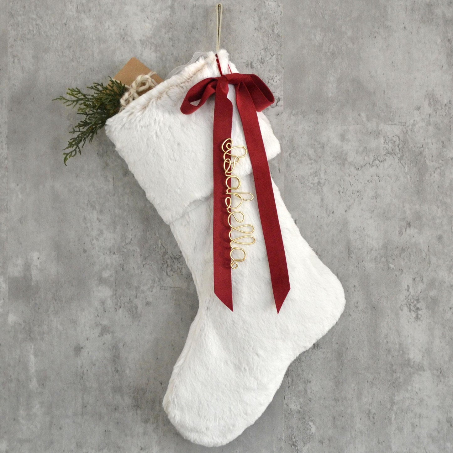 Faux Fur Christmas Stocking – White Fur Stocking with Velvet Bow Embellishment (Name tag NOT included)