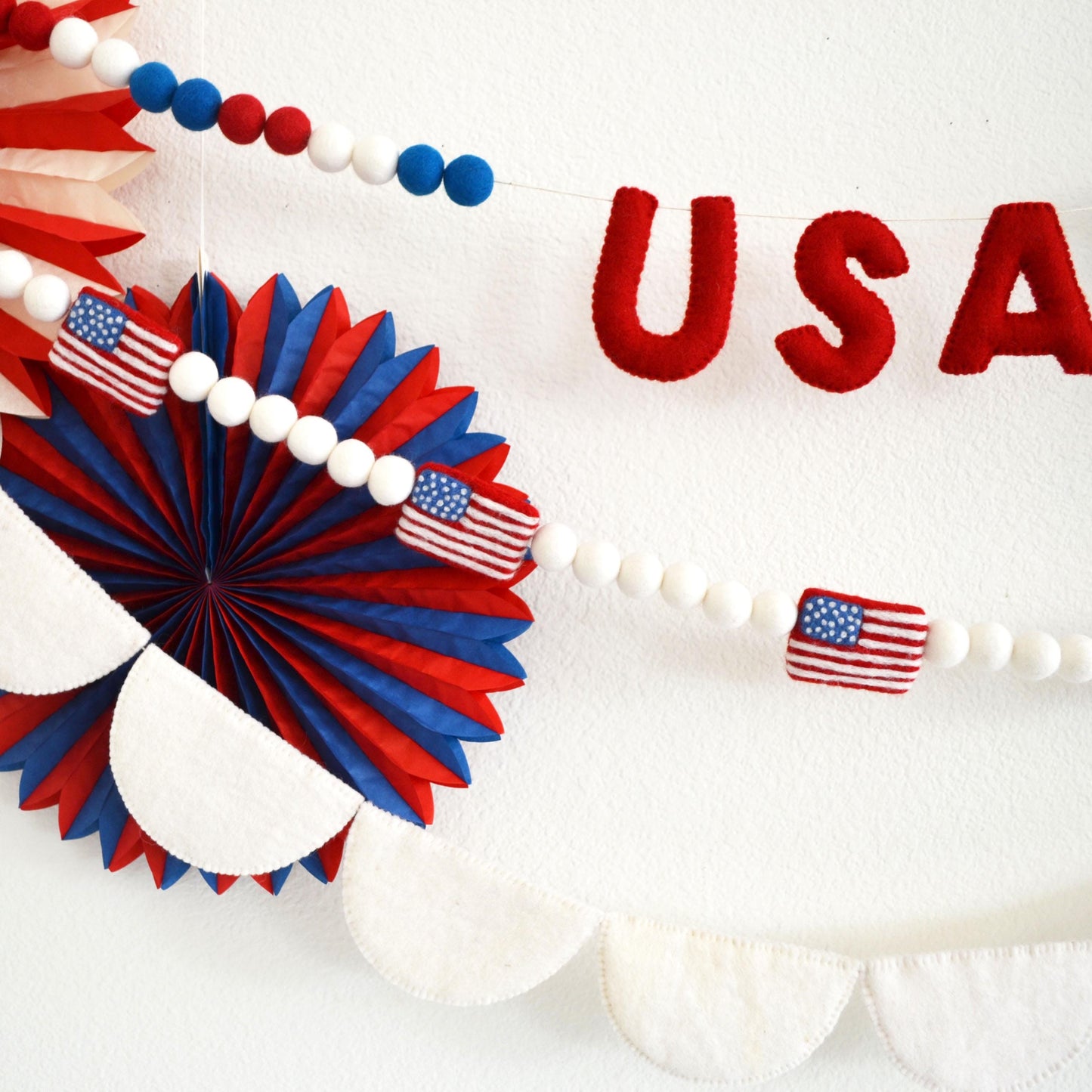 4th of July Felt Ball Garland - Choice of USA Garland, Flag Garland or White Scallops