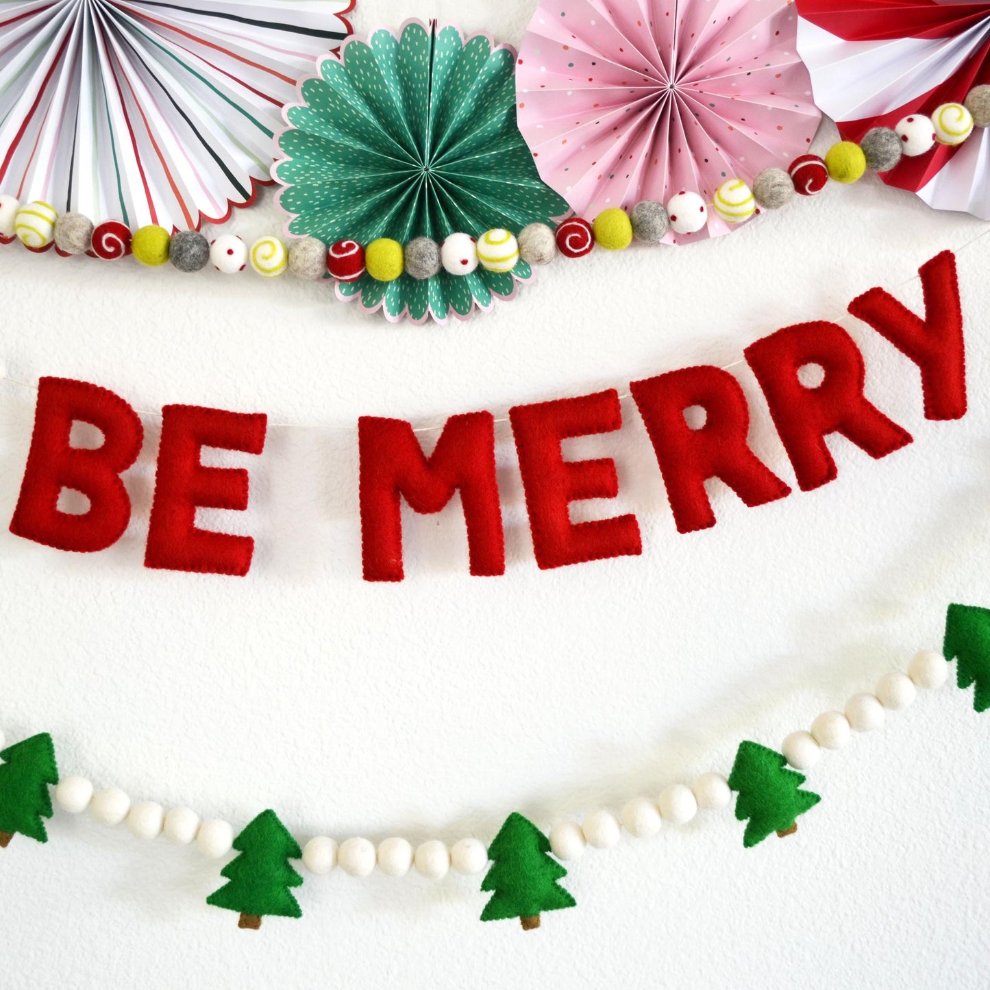 Christmas Felt Garland - Choice of Holiday Felt Balls, BE MERRY or Christmas Trees