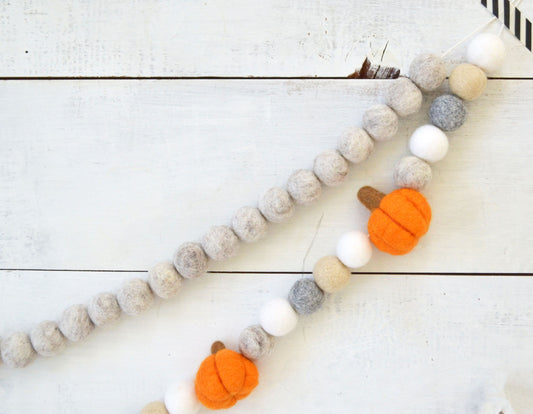 Fall Felt Ball Garland - Choice of Heather Tan Felt Ball Garland or Orange Pumpkin Garland