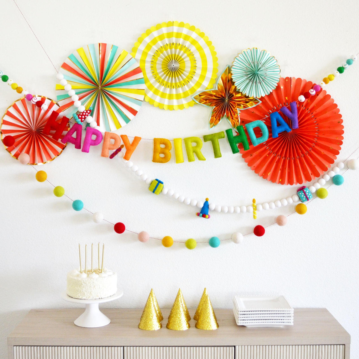 Rainbow Felt Ball Garland with 4cm Felt Balls
