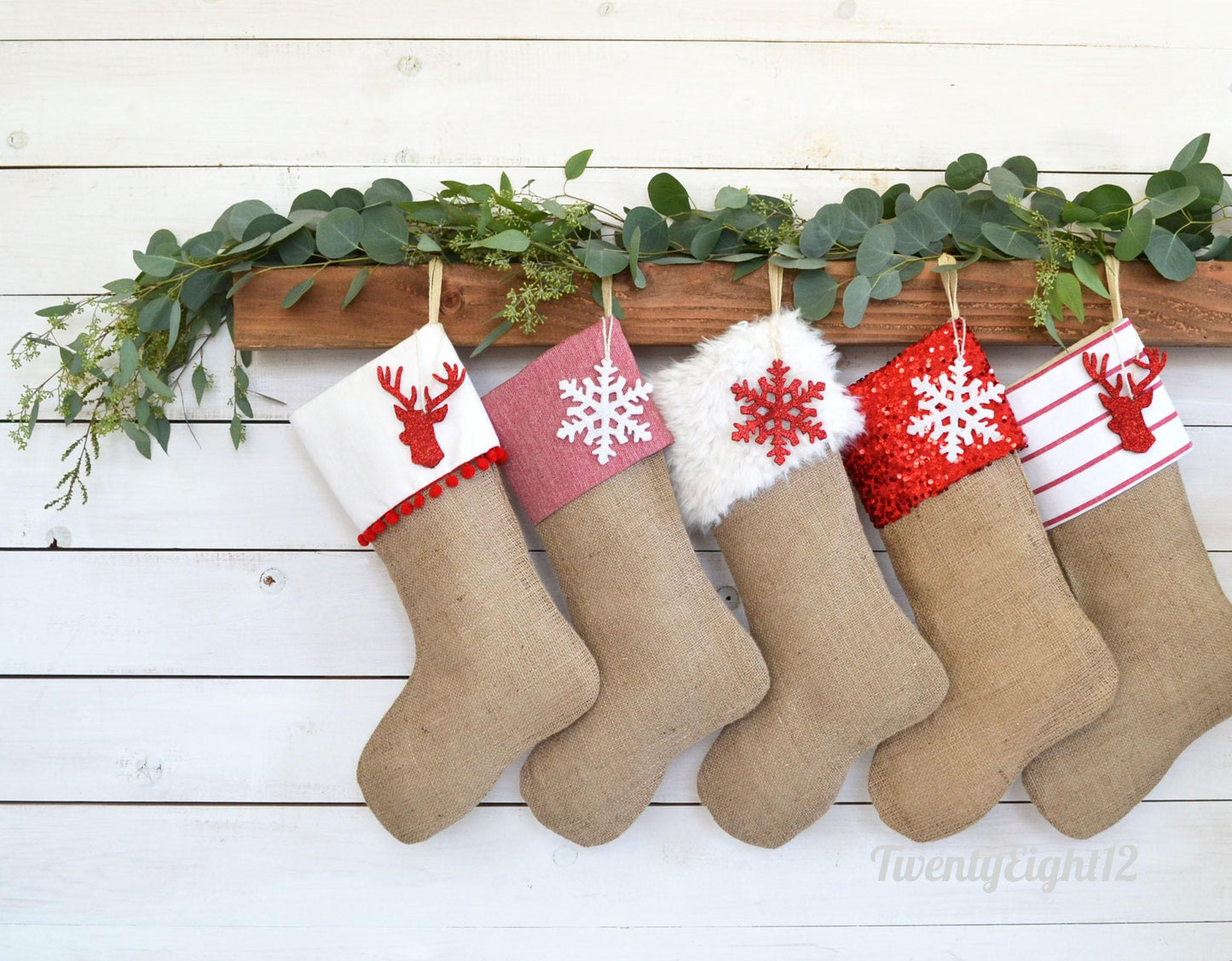 Personalized Christmas Stocking - Red & White Stripe with Burlap