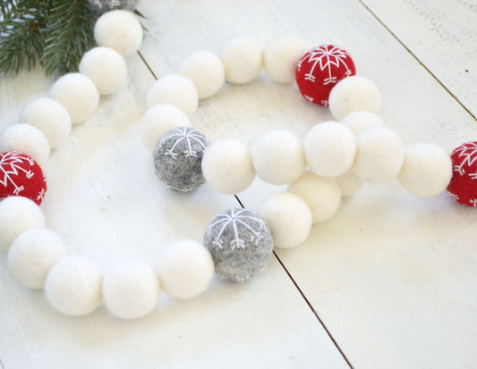 Christmas Garland - Snowflake Felt Ball Garland, Christmas Felt Garland, Christmas Banner, Christmas Decor, Christmas Felt Ball Garlands