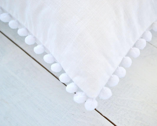 White Pom Pom Pillow Cover - 20" x 20" - White Boho Pillow, Throw Pillow, Pom Pom Pillow Cover, White Pillow, Nursery Pillow, Nursery Decor