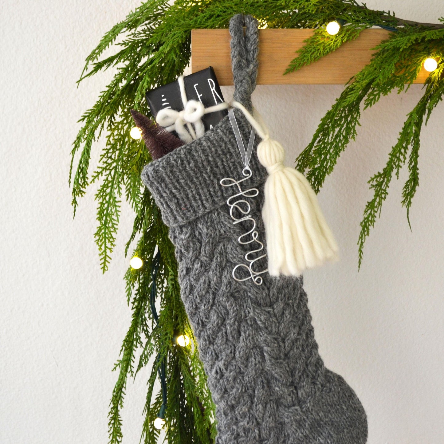 Cable Knit Gray Christmas Stocking with Tassel (name tag NOT included)