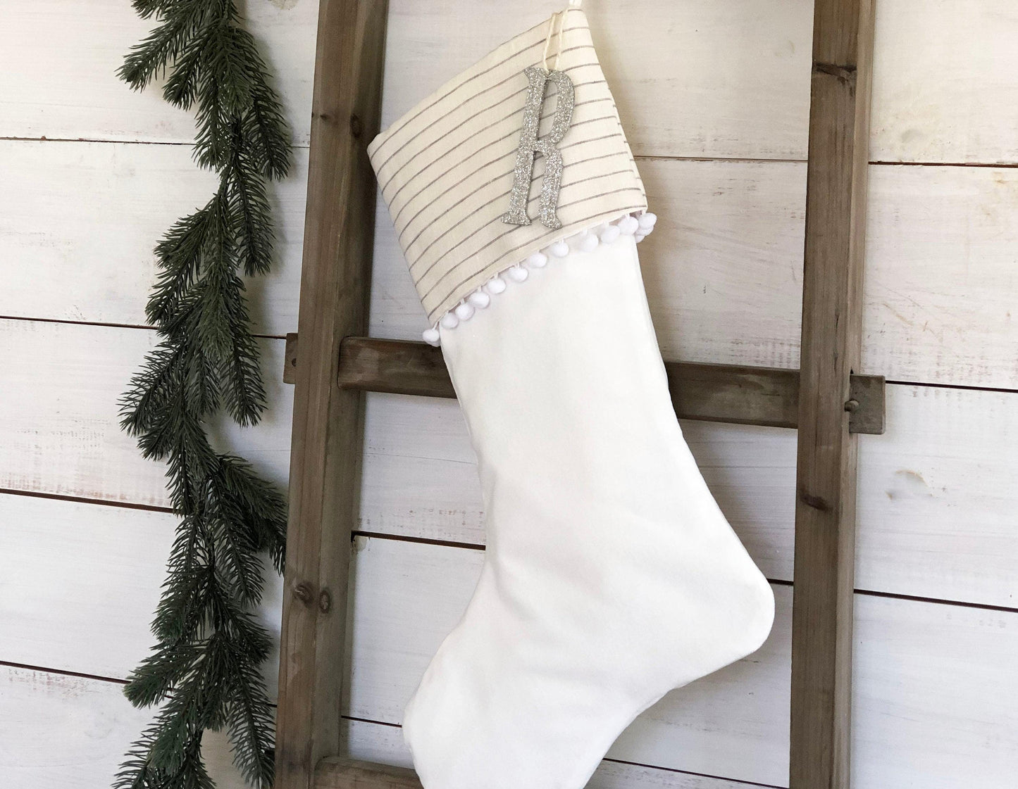 Personalized Velvet Christmas Stocking - Ivory & Gray Pinstripe with Pom Pom Trim