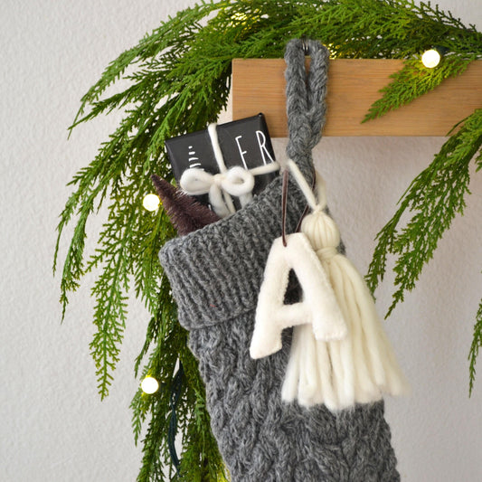 Cable Knit Gray Christmas Stocking with Tassel & Initial