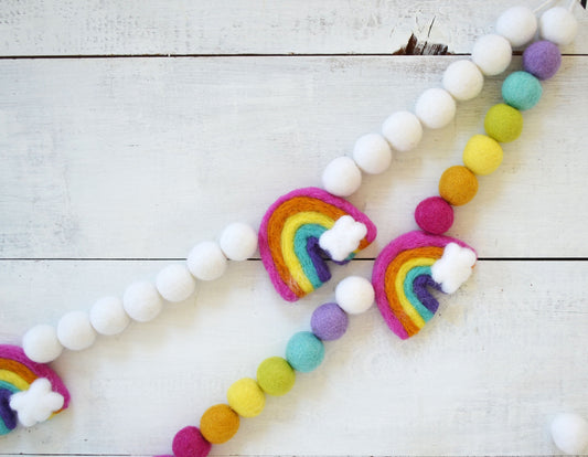 Felt Ball Garland - Choice of Rainbows with White Felt Balls or Rainbow with Colorful Felt Balls