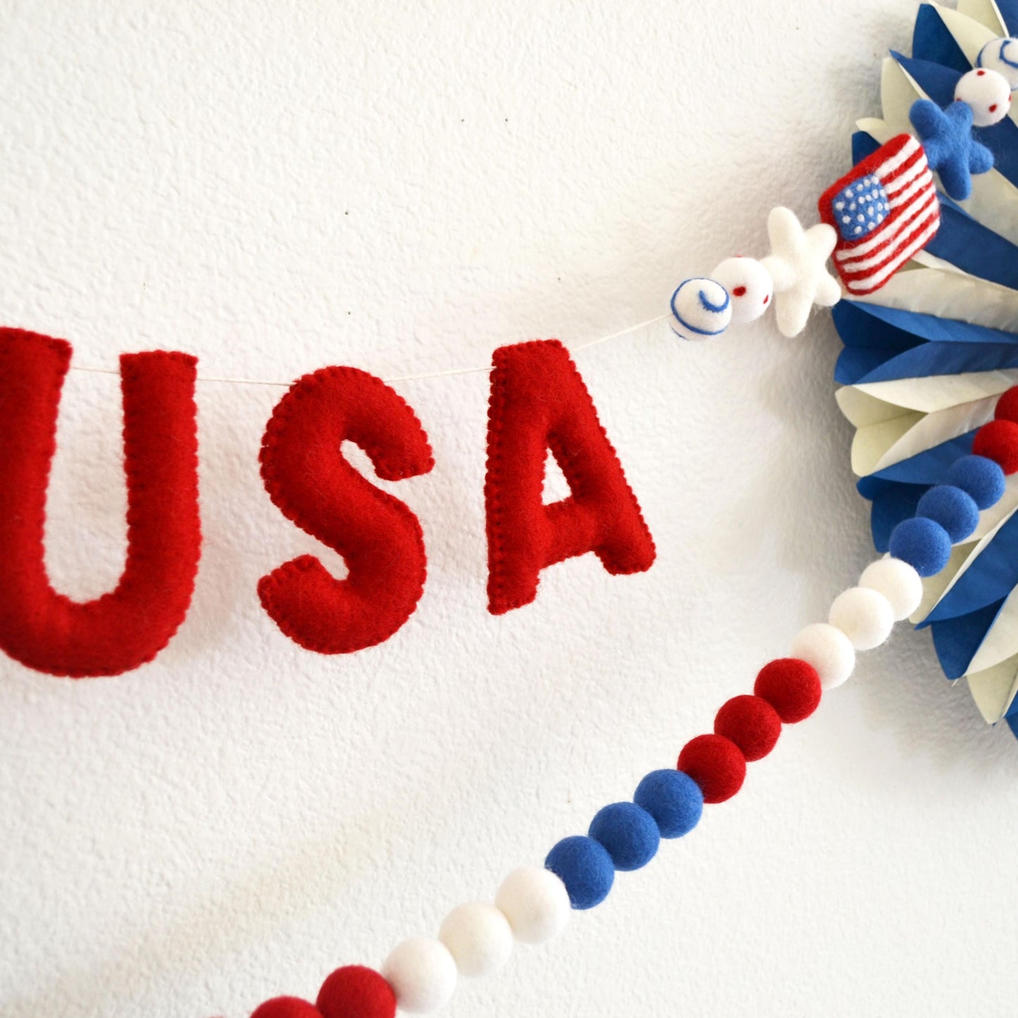 4th of July Felt Garland - Choice of USA or Red, White & Blue Ombre Felt Ball Garland