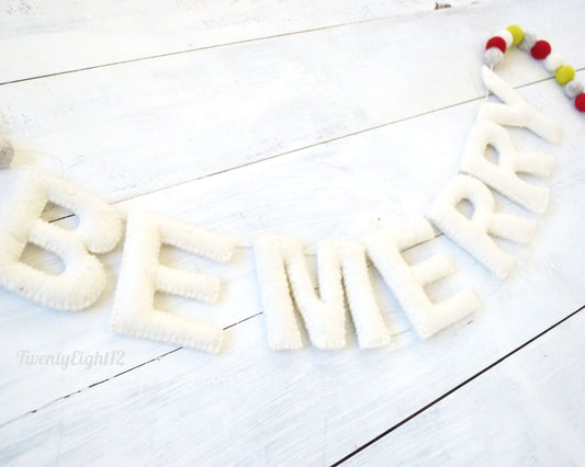 Felt Ball and Letter Garland - Be Merry Banner - Holiday Felt Ball Garland, Christmas Decor, Holiday Banner, Christmas Banner, Felt Balls