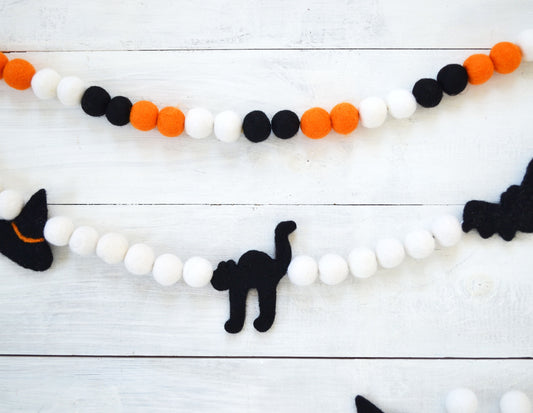 Halloween Felt Ball Garland - Choice of Orange, Black & White Ombre Felt Ball Garland or Hat, Cat & Bat Garland