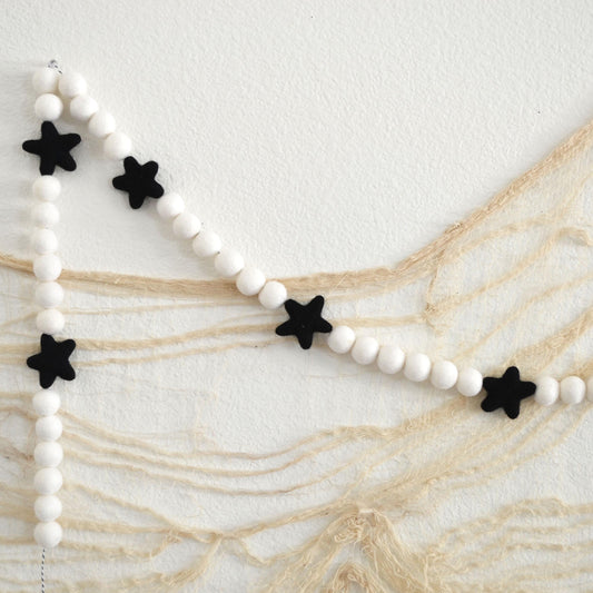 Black Wool Felt Star Garland with White Felt Balls