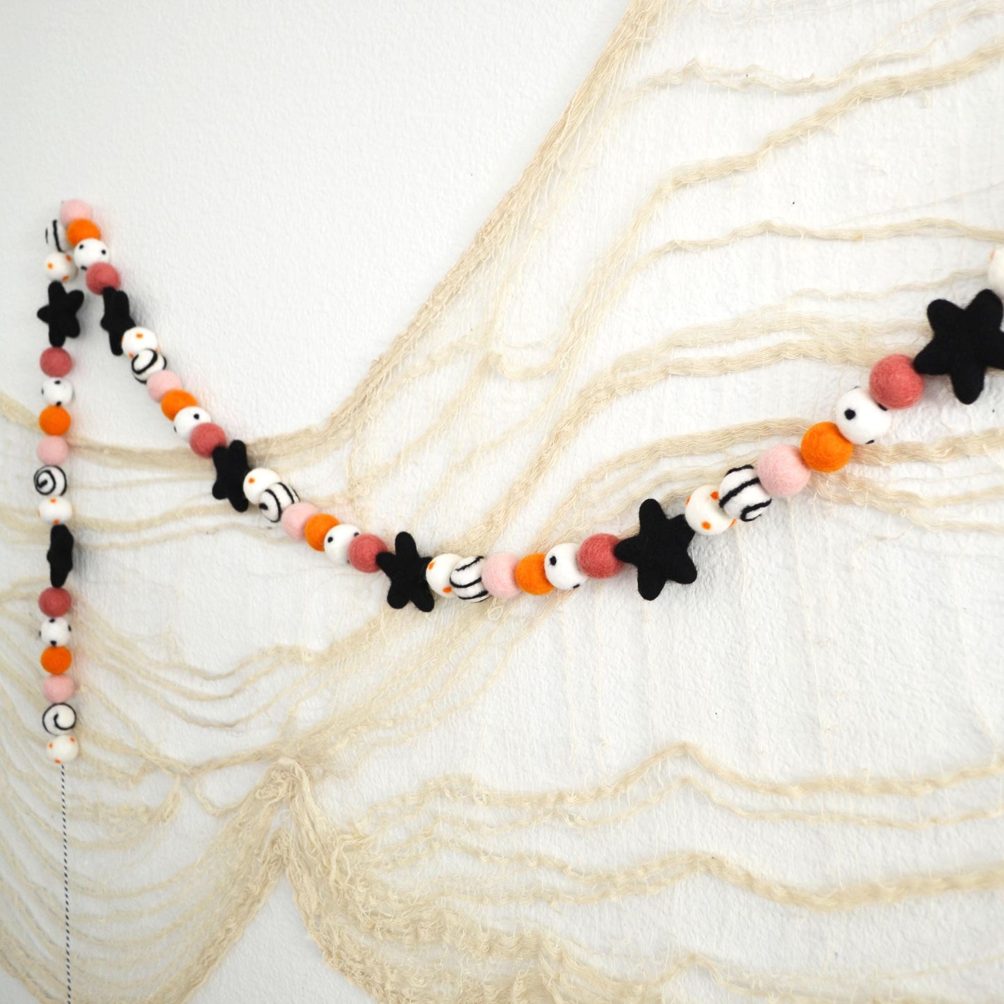 Halloween Garland with Black Wool Stars and Colorful Felt Balls