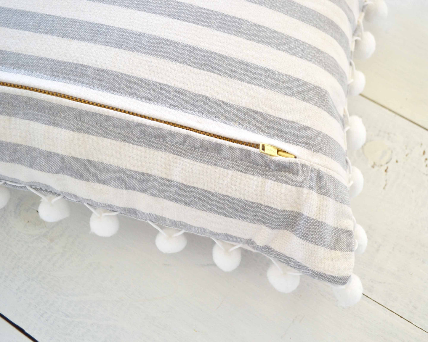Gray and White Striped Pillow Cover with Large White Pom Poms-12" x 20"- Striped Pom Pom Pillow Cover, Decorative Pillow, White Pom Pillow
