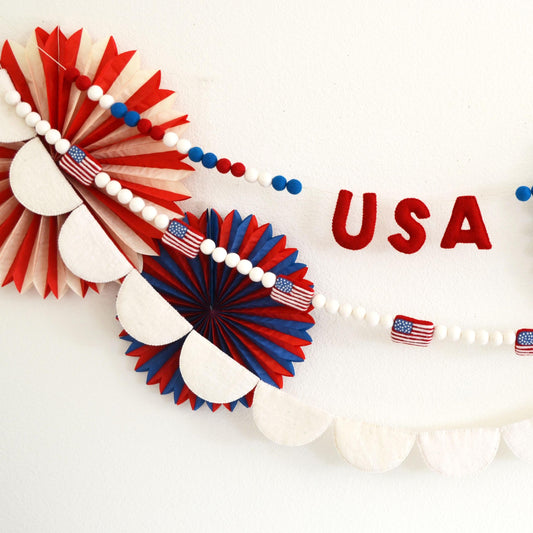 4th of July Felt Ball Garland - Choice of USA Banner, American Flag Garland or White Felt Scallops