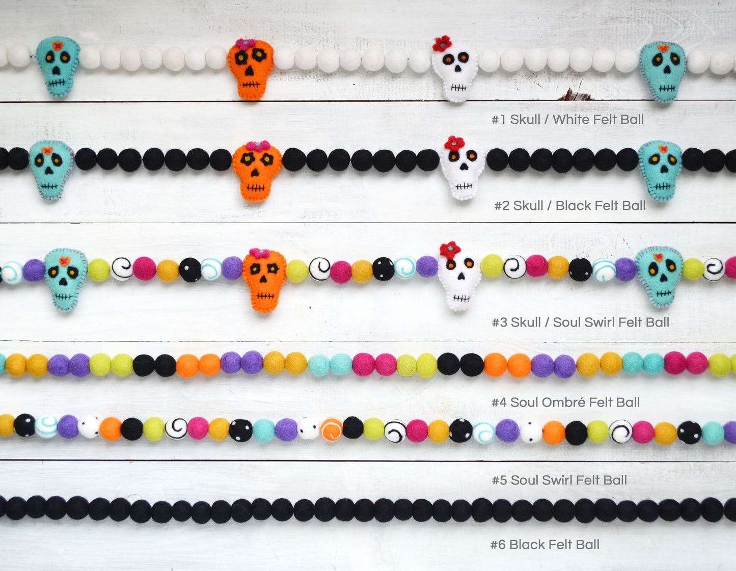 Dia De Los Muertos Felt Garland - Day of the Dead Garland, Felt Ball Garland, Dia De Los Muertos Decor, Sugar Skull, Skull Garland
