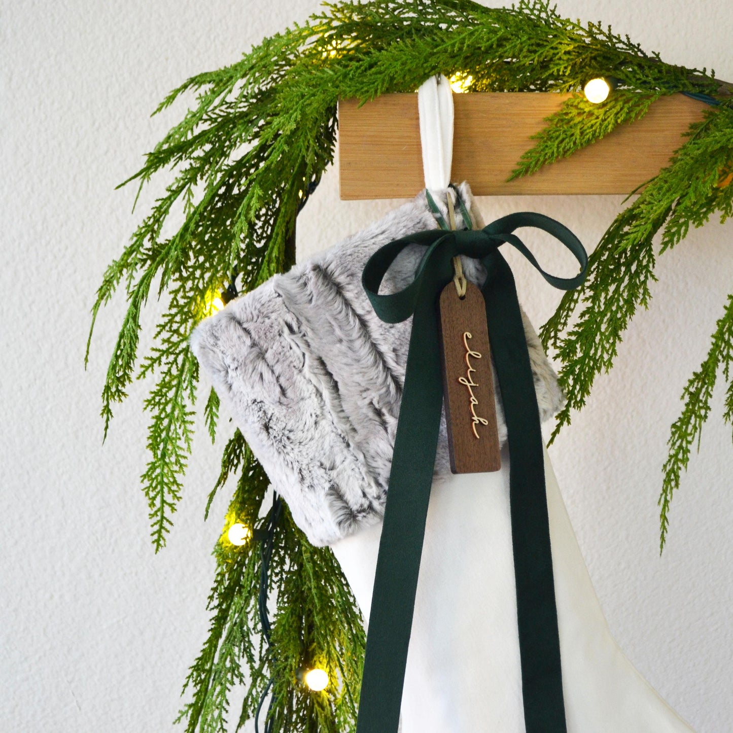 Gray Faux Fur Stocking - Personalized Rustic Holiday Stocking (Name tag NOT Included)