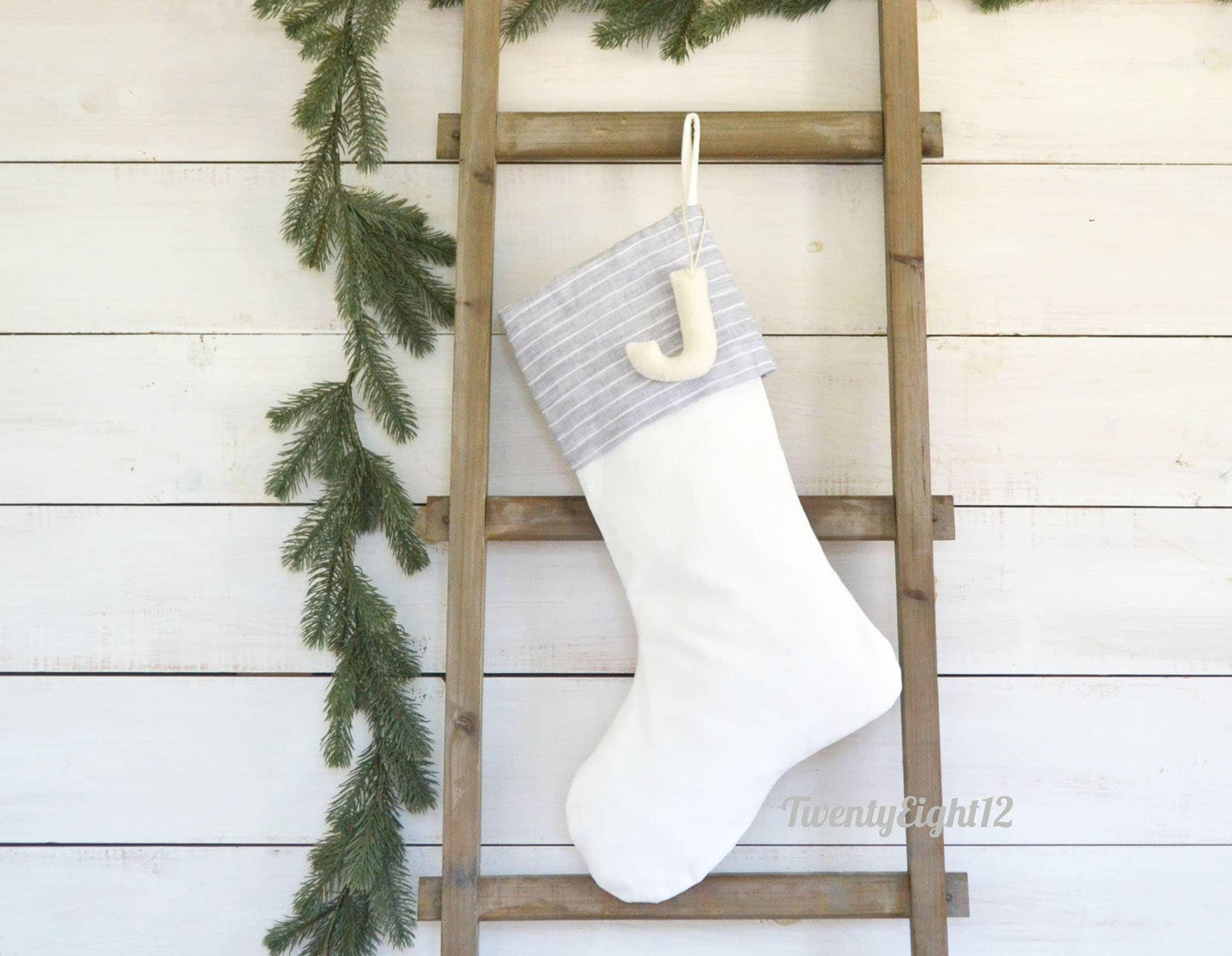 Personalized Christmas Stocking - Luxury Velvet Stocking with Gray & White Stripe
