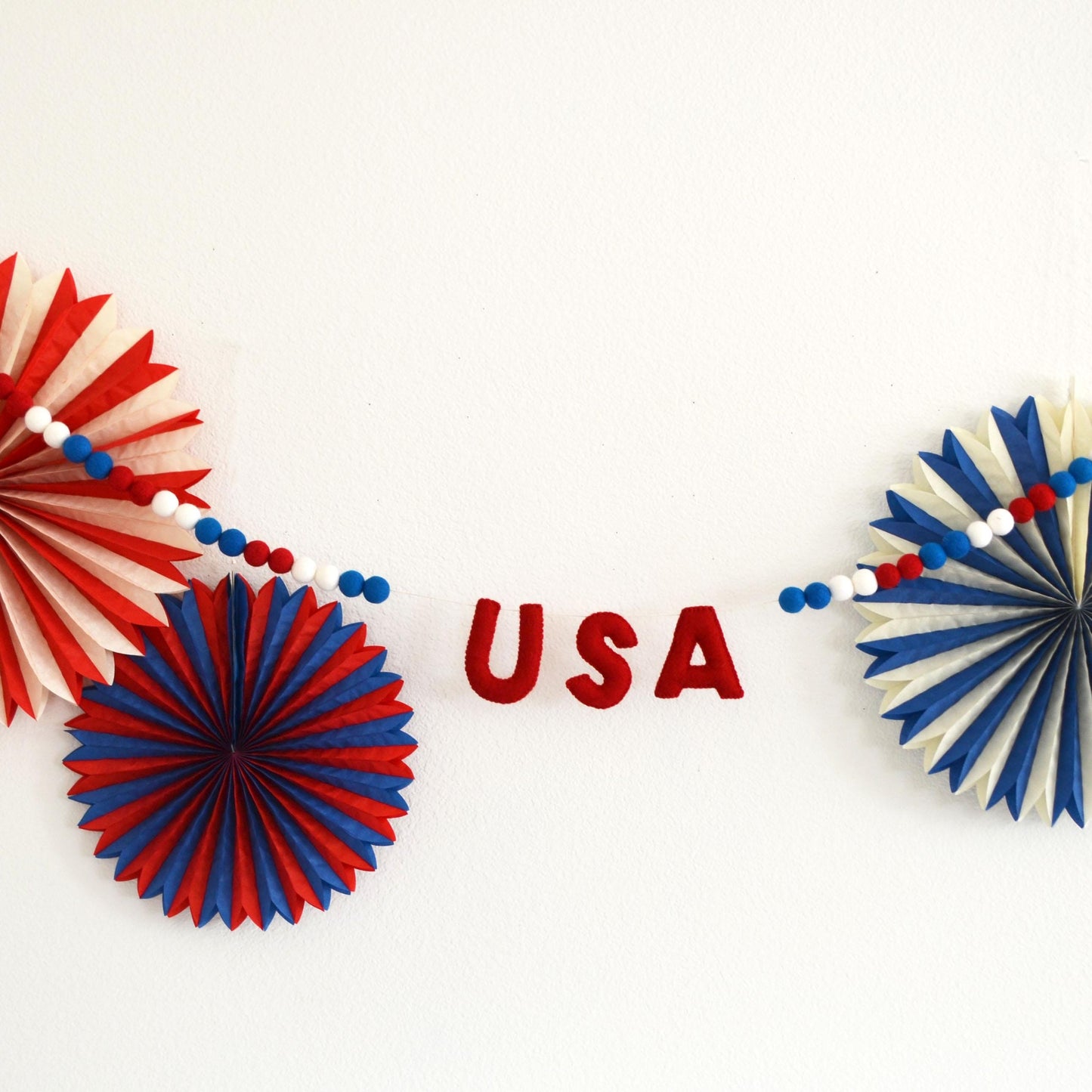 4th of July Felt Ball Garland - Choice of USA Garland, Flag Garland or White Scallops